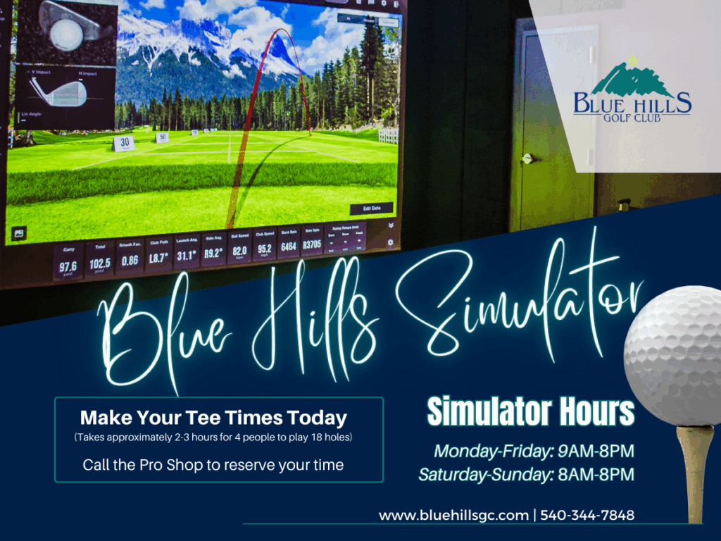Golf Simulator image with hours and how to book a tee time